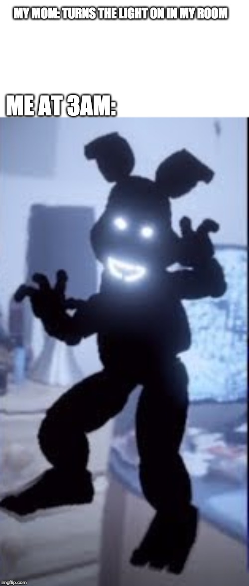 MY MOM: TURNS THE LIGHT ON IN MY ROOM; ME AT 3AM: | image tagged in blank white template,fnaf | made w/ Imgflip meme maker