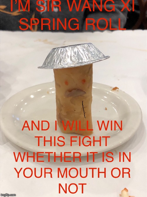 Sir wang xi spring roll
(Revenge of the spring rolls) | image tagged in funny,food | made w/ Imgflip meme maker