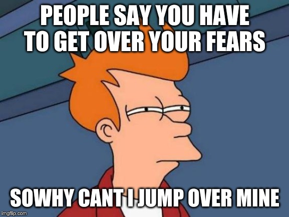 Futurama Fry | PEOPLE SAY YOU HAVE TO GET OVER YOUR FEARS; SOWHY CANT I JUMP OVER MINE | image tagged in memes,futurama fry | made w/ Imgflip meme maker