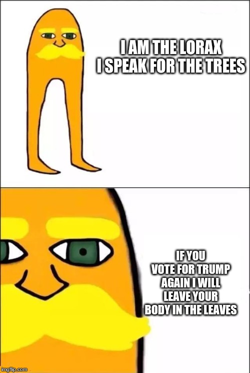 The Lorax | I AM THE LORAX I SPEAK FOR THE TREES IF YOU VOTE FOR TRUMP AGAIN I WILL LEAVE YOUR BODY IN THE LEAVES | image tagged in the lorax | made w/ Imgflip meme maker