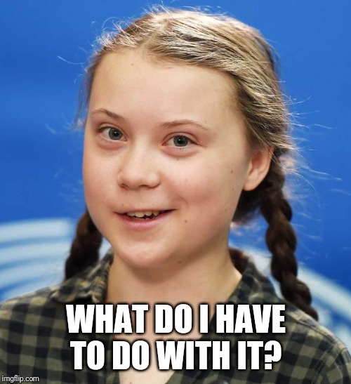 Greta Thunberg | WHAT DO I HAVE TO DO WITH IT? | image tagged in greta thunberg | made w/ Imgflip meme maker