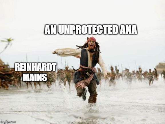 Jack Sparrow Being Chased | AN UNPROTECTED ANA; REINHARDT MAINS | image tagged in memes,jack sparrow being chased | made w/ Imgflip meme maker