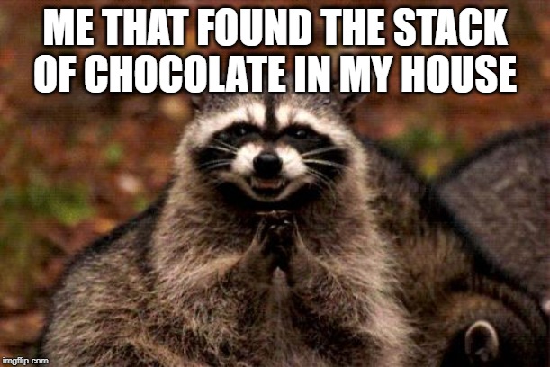 Evil Plotting Raccoon Meme | ME THAT FOUND THE STACK OF CHOCOLATE IN MY HOUSE | image tagged in memes,evil plotting raccoon | made w/ Imgflip meme maker