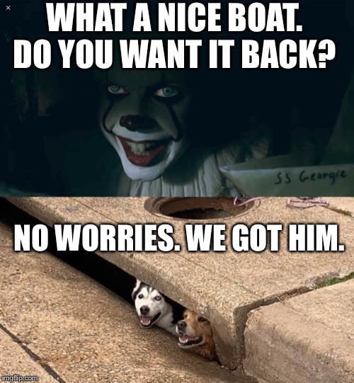 WHAT A NICE BOAT. DO YOU WANT IT BACK? NO WORRIES. WE GOT HIM. | image tagged in pennywise 2017,dogs,it | made w/ Imgflip meme maker