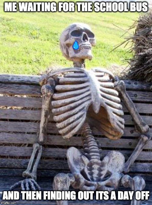day off of school how about sitting on a bench waiting just for nothing | ME WAITING FOR THE SCHOOL BUS; AND THEN FINDING OUT ITS A DAY OFF | image tagged in memes,waiting skeleton,funny | made w/ Imgflip meme maker