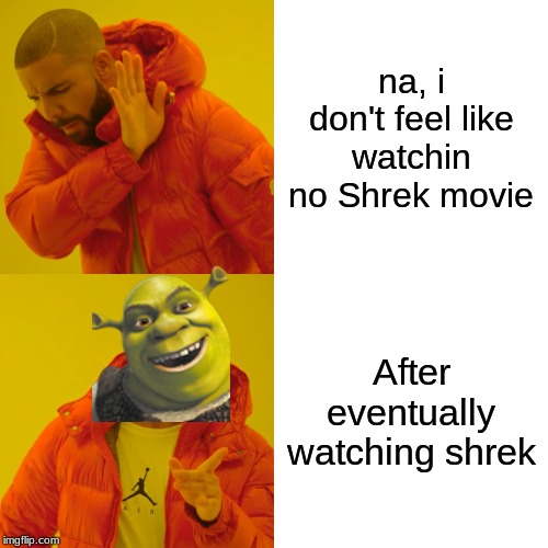 Drake Hotline Bling | na, i don't feel like watchin no Shrek movie; After eventually watching shrek | image tagged in memes,drake hotline bling | made w/ Imgflip meme maker