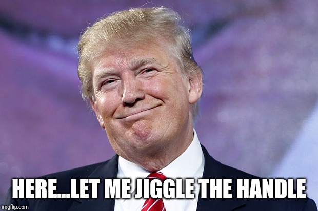 Donald Trump Smirk | HERE...LET ME JIGGLE THE HANDLE | image tagged in donald trump smirk | made w/ Imgflip meme maker