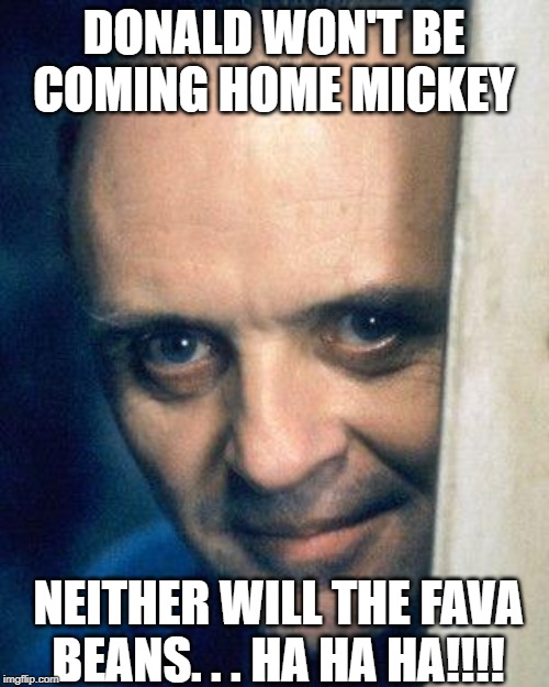 http://images5.fanpop.com/image/photos/29700000/Hannibal-Lecter- | DONALD WON'T BE COMING HOME MICKEY; NEITHER WILL THE FAVA BEANS. . . HA HA HA!!!! | image tagged in http//images5fanpopcom/image/photos/29700000/hannibal-lecter- | made w/ Imgflip meme maker