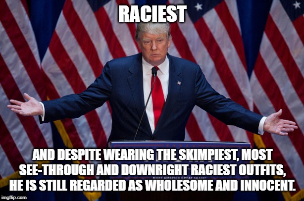 Donald Trump | RACIEST; AND DESPITE WEARING THE SKIMPIEST, MOST SEE-THROUGH AND DOWNRIGHT RACIEST OUTFITS, HE IS STILL REGARDED AS WHOLESOME AND INNOCENT. | image tagged in donald trump | made w/ Imgflip meme maker