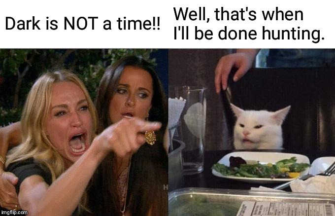 Woman Yelling At Cat | Dark is NOT a time!! Well, that's when I'll be done hunting. | image tagged in memes,woman yelling at cat | made w/ Imgflip meme maker