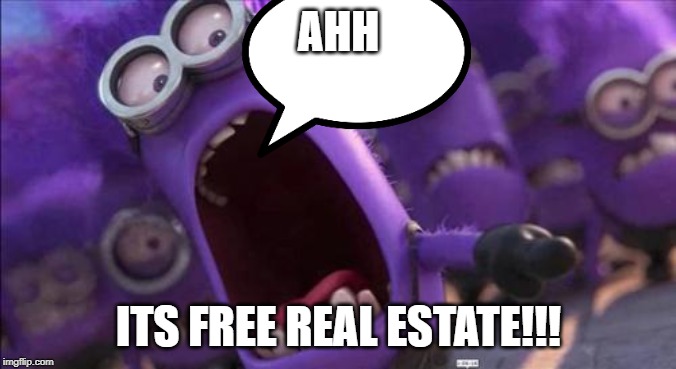 Purple Minion | AHH; ITS FREE REAL ESTATE!!! | image tagged in purple minion | made w/ Imgflip meme maker