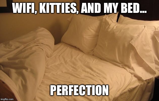 Bed | WIFI, KITTIES, AND MY BED... PERFECTION | image tagged in bed | made w/ Imgflip meme maker