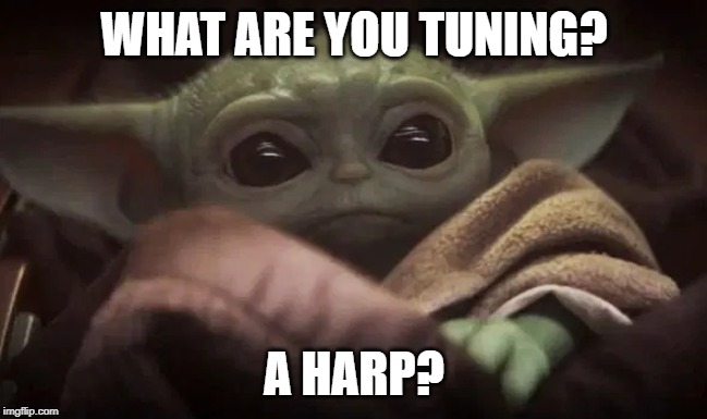 Baby Yoda | WHAT ARE YOU TUNING? A HARP? | image tagged in baby yoda | made w/ Imgflip meme maker