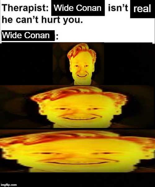 Wide Conan | real; Wide Conan; Wide Conan | image tagged in isnt real he cant hurt you,conan,meme,funnymemes,conan o'brien | made w/ Imgflip meme maker
