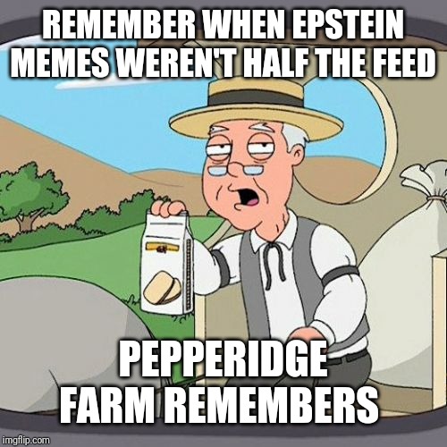 Pepperidge Farm Remembers | REMEMBER WHEN EPSTEIN MEMES WEREN'T HALF THE FEED; PEPPERIDGE FARM REMEMBERS | image tagged in memes,pepperidge farm remembers | made w/ Imgflip meme maker