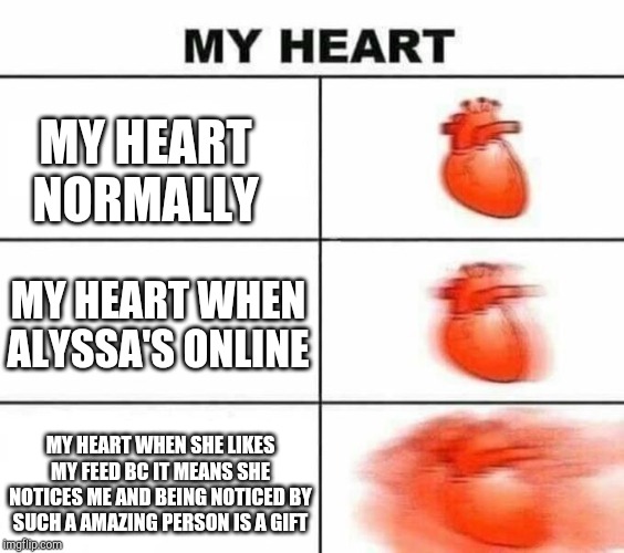 My heart blank | MY HEART NORMALLY; MY HEART WHEN ALYSSA'S ONLINE; MY HEART WHEN SHE LIKES MY FEED BC IT MEANS SHE NOTICES ME AND BEING NOTICED BY SUCH A AMAZING PERSON IS A GIFT | image tagged in my heart blank | made w/ Imgflip meme maker