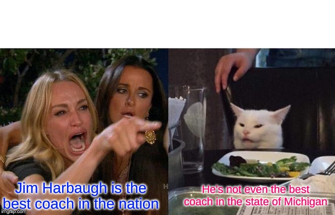 Woman Yelling At Cat Meme | Jim Harbaugh is the best coach in the nation; He's not even the best coach in the state of Michigan | image tagged in memes,woman yelling at cat | made w/ Imgflip meme maker
