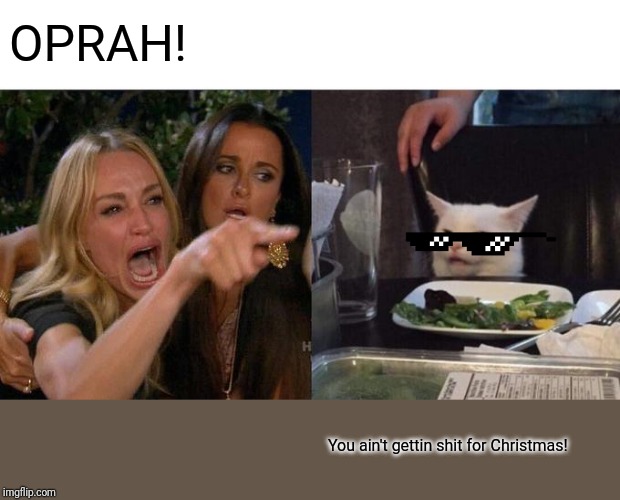 Woman Yelling At Cat | OPRAH! You ain't gettin shit for Christmas! | image tagged in memes,woman yelling at cat | made w/ Imgflip meme maker