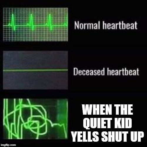 heartbeat rate | WHEN THE QUIET KID YELLS SHUT UP | image tagged in heartbeat rate | made w/ Imgflip meme maker