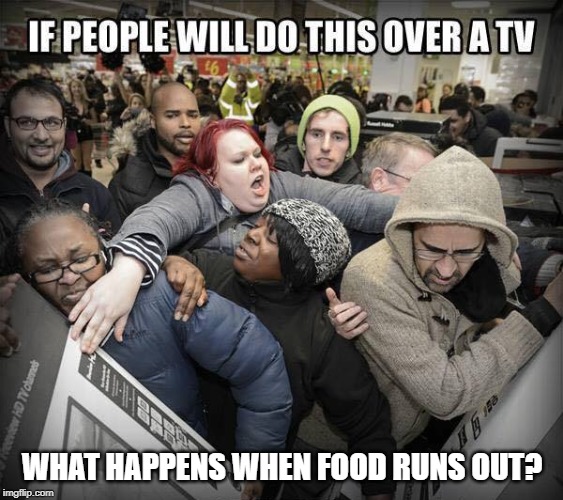 black friday | WHAT HAPPENS WHEN FOOD RUNS OUT? | image tagged in black friday,preppers,food shortage | made w/ Imgflip meme maker