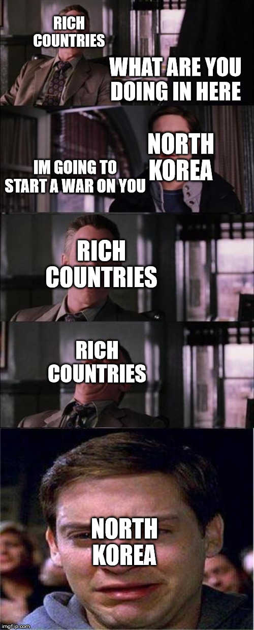 if north korea does boom us we will blow them up before they blow us up | RICH COUNTRIES; WHAT ARE YOU DOING IN HERE; NORTH KOREA; IM GOING TO START A WAR ON YOU; RICH COUNTRIES; RICH COUNTRIES; NORTH KOREA | image tagged in memes,peter parker cry | made w/ Imgflip meme maker