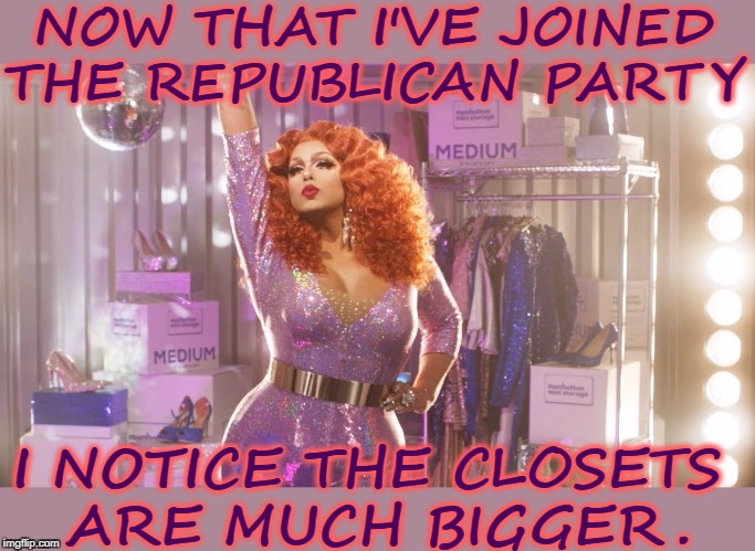 NOW THAT I'VE JOINED THE REPUBLICAN PARTY; I NOTICE THE CLOSETS 
ARE MUCH BIGGER. | image tagged in republicans,gop,closeted gay,drag queen | made w/ Imgflip meme maker