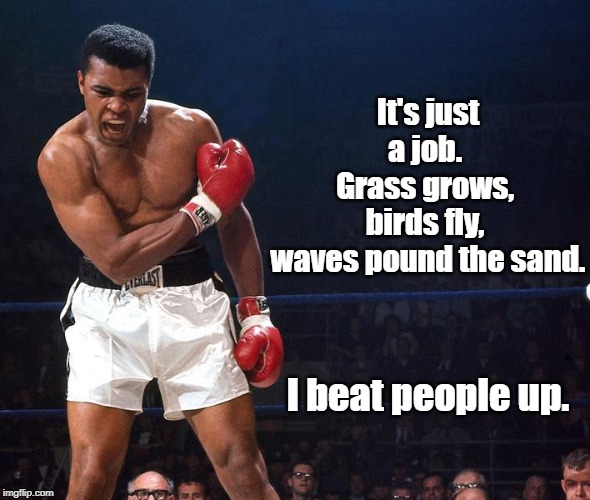 Muhamad Ali | It's just a job. 
Grass grows, 
birds fly, 
waves pound the sand. I beat people up. | image tagged in boxing | made w/ Imgflip meme maker