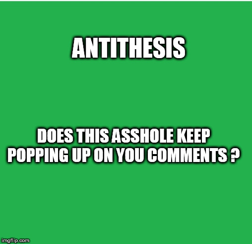 Green Screen | ANTITHESIS; DOES THIS ASSHOLE KEEP POPPING UP ON YOU COMMENTS ? | image tagged in green screen | made w/ Imgflip meme maker