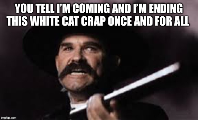 Wyatt Earp | YOU TELL I’M COMING AND I’M ENDING THIS WHITE CAT CRAP ONCE AND FOR ALL | image tagged in wyatt earp | made w/ Imgflip meme maker