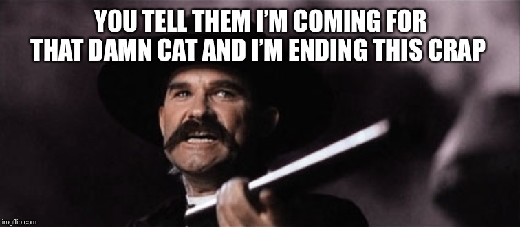 wyatt earp | YOU TELL THEM I’M COMING FOR THAT DAMN CAT AND I’M ENDING THIS CRAP | image tagged in wyatt earp | made w/ Imgflip meme maker