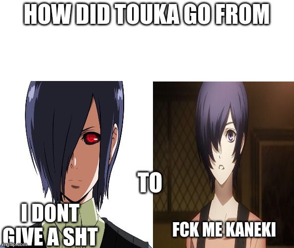 how did touka | HOW DID TOUKA GO FROM; TO; I DONT GIVE A SHT; FCK ME KANEKI | image tagged in anime,kaneki,touka,how to,funny memes | made w/ Imgflip meme maker