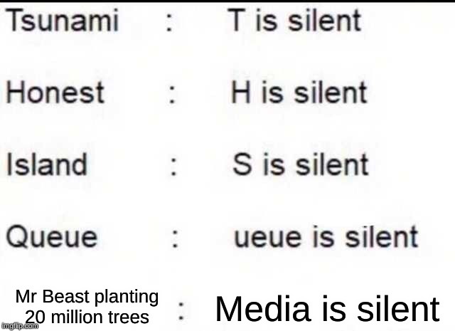 Is silent | Media is silent; Mr Beast planting 20 million trees | image tagged in is silent | made w/ Imgflip meme maker