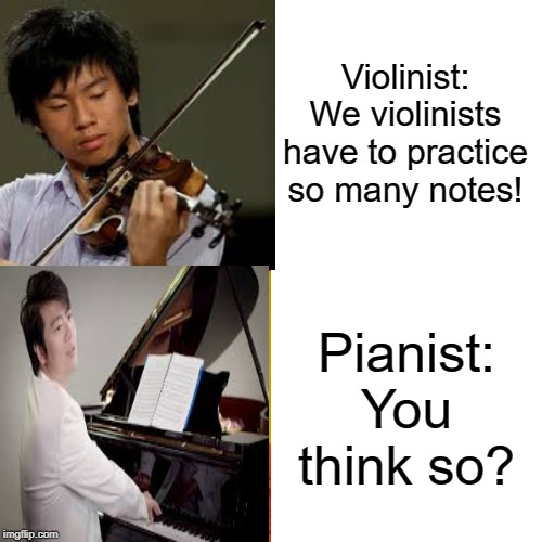 Violinist: We violinists have to practice so many notes! Pianist: You think so? | image tagged in violin,piano | made w/ Imgflip meme maker