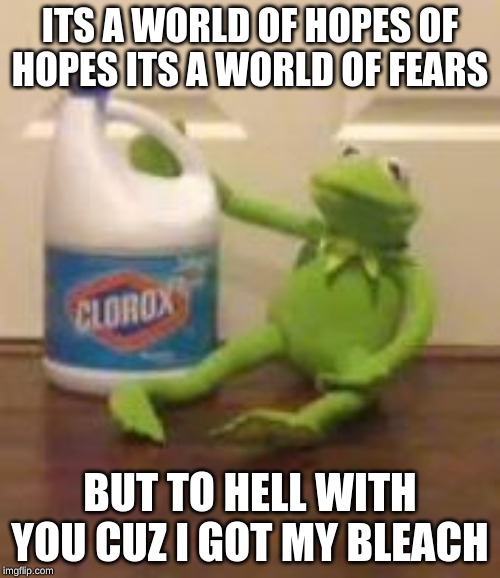 kermit bleach | ITS A WORLD OF HOPES OF HOPES ITS A WORLD OF FEARS; BUT TO HELL WITH YOU CUZ I GOT MY BLEACH | image tagged in kermit bleach | made w/ Imgflip meme maker
