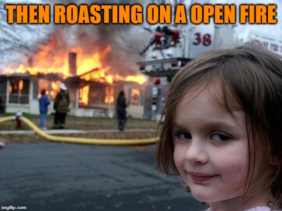 Disaster Girl Meme | THEN ROASTING ON A OPEN FIRE | image tagged in memes,disaster girl | made w/ Imgflip meme maker