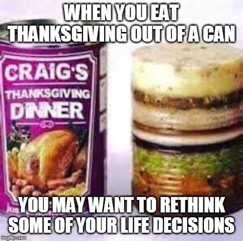 WHEN YOU EAT THANKSGIVING OUT OF A CAN; YOU MAY WANT TO RETHINK SOME OF YOUR LIFE DECISIONS | image tagged in holidays,funny,life,work,thanksgiving | made w/ Imgflip meme maker