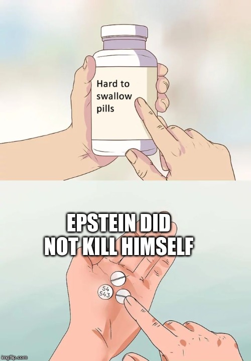 Hard To Swallow Pills Meme | EPSTEIN DID NOT KILL HIMSELF | image tagged in memes,hard to swallow pills | made w/ Imgflip meme maker