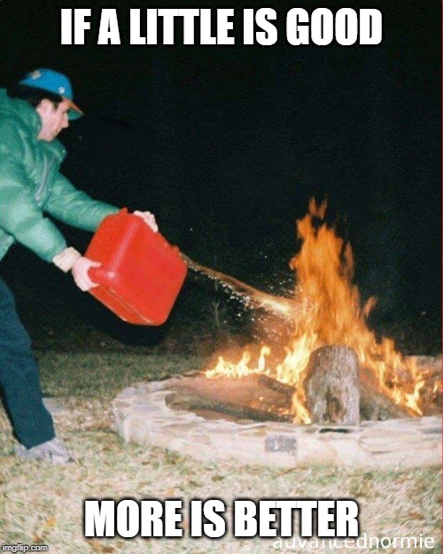 pouring gas on fire | IF A LITTLE IS GOOD; MORE IS BETTER | image tagged in pouring gas on fire | made w/ Imgflip meme maker