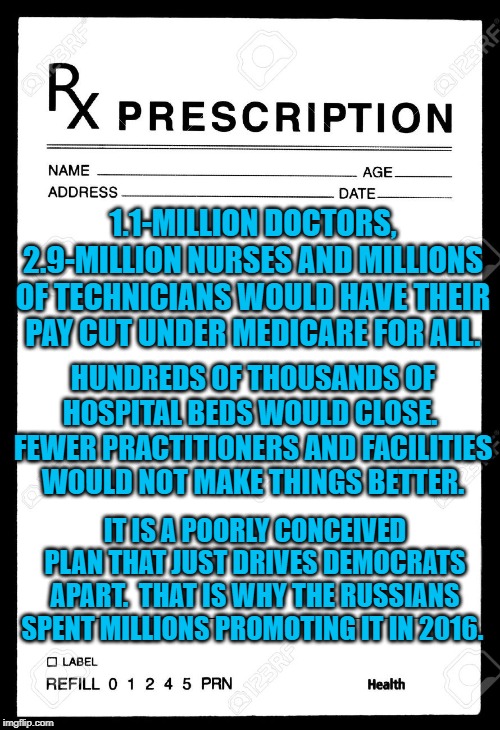 Rx | 1.1-MILLION DOCTORS, 2.9-MILLION NURSES AND MILLIONS OF TECHNICIANS WOULD HAVE THEIR PAY CUT UNDER MEDICARE FOR ALL. HUNDREDS OF THOUSANDS OF HOSPITAL BEDS WOULD CLOSE.  FEWER PRACTITIONERS AND FACILITIES WOULD NOT MAKE THINGS BETTER. IT IS A POORLY CONCEIVED PLAN THAT JUST DRIVES DEMOCRATS APART.  THAT IS WHY THE RUSSIANS SPENT MILLIONS PROMOTING IT IN 2016. | image tagged in rx | made w/ Imgflip meme maker