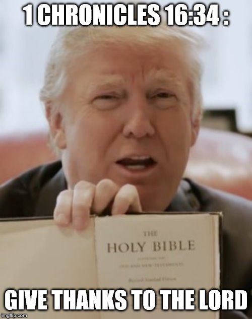 Trump bible | 1 CHRONICLES 16:34 : GIVE THANKS TO THE LORD | image tagged in trump bible | made w/ Imgflip meme maker