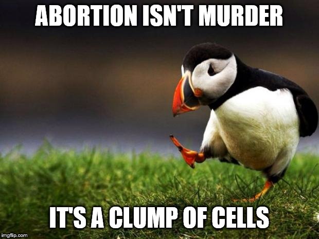 Unpopular Opinion Puffin Meme | ABORTION ISN'T MURDER; IT'S A CLUMP OF CELLS | image tagged in memes,unpopular opinion puffin | made w/ Imgflip meme maker