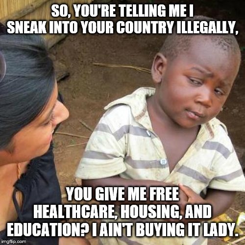 Third World Skeptical Kid | SO, YOU'RE TELLING ME I SNEAK INTO YOUR COUNTRY ILLEGALLY, YOU GIVE ME FREE HEALTHCARE, HOUSING, AND EDUCATION? I AIN'T BUYING IT LADY. | image tagged in memes,third world skeptical kid | made w/ Imgflip meme maker