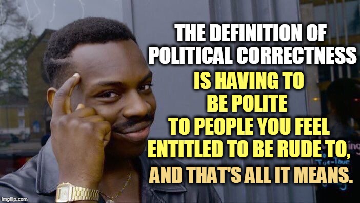 That's what it is, and that's all it ever is. | THE DEFINITION OF 
POLITICAL CORRECTNESS; IS HAVING TO BE POLITE 
TO PEOPLE YOU FEEL ENTITLED TO BE RUDE TO, AND THAT'S ALL IT MEANS. | image tagged in memes,roll safe think about it,political correctness,definition,polite,manners | made w/ Imgflip meme maker