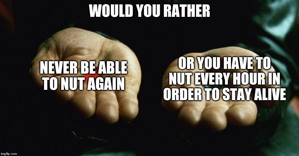 Red pill blue pill | WOULD YOU RATHER; OR YOU HAVE TO NUT EVERY HOUR IN ORDER TO STAY ALIVE; NEVER BE ABLE TO NUT AGAIN | image tagged in red pill blue pill | made w/ Imgflip meme maker