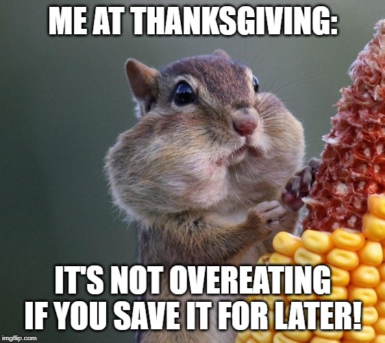 Thanksgiving Squirrel | ME AT THANKSGIVING:; IT'S NOT OVEREATING IF YOU SAVE IT FOR LATER! | image tagged in thanksgiving squirrel | made w/ Imgflip meme maker