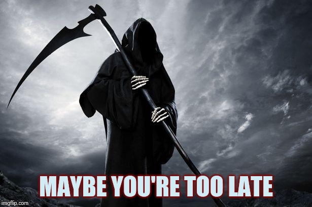 Death | MAYBE YOU'RE TOO LATE | image tagged in death | made w/ Imgflip meme maker