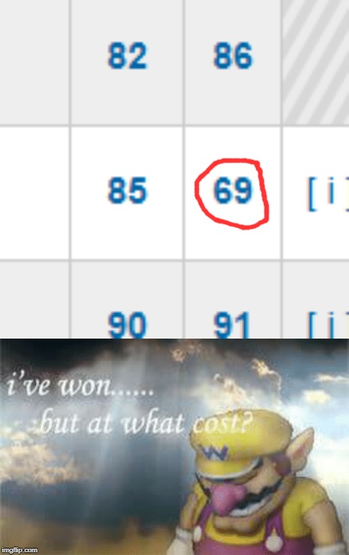 I have a 69 in math. Nice... *cries* | image tagged in i've won but at what cost,memes,69 | made w/ Imgflip meme maker