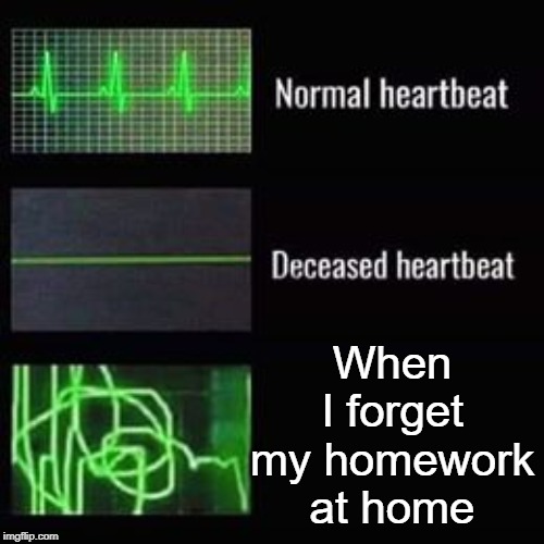 heartbeat | When I forget my homework at home | image tagged in heartbeat rate,homework,funny,memes,heartbeat | made w/ Imgflip meme maker