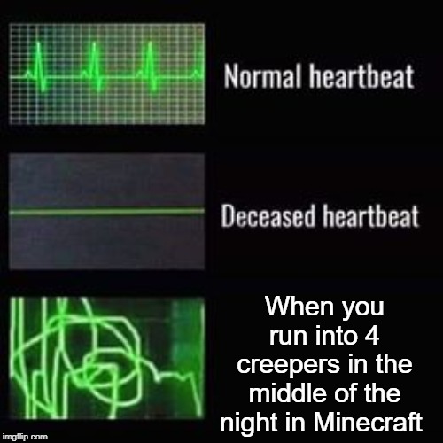 creeper aw man | When you run into 4 creepers in the middle of the night in Minecraft | image tagged in heartbeat rate,creeper,funny,memes,heartbeat | made w/ Imgflip meme maker