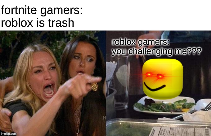 Woman Yelling At Cat | fortnite gamers: roblox is trash; roblox gamers: you challenging me??? | image tagged in memes,woman yelling at cat | made w/ Imgflip meme maker